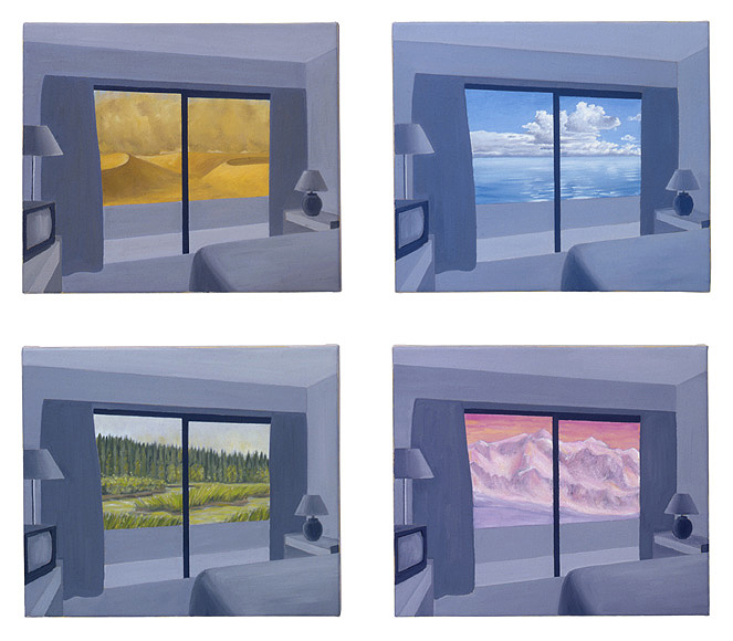 Zimmer mit Aussichten, 1994, Öl auf Leinwand, 4 tlg., je 30 x 35 cm
